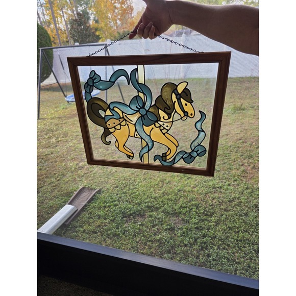 VTG Painted Glass Carousel Horses Window Panel Wood Frame 22"x18" Hanging Art - Picture 4 of 11